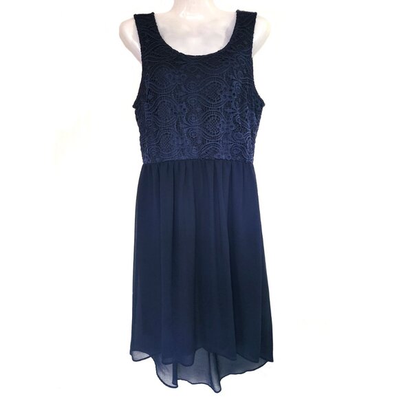 Pretty Navy Hi Low Flowy Sheer and Lace Dress Size Medium - Picture 1 of 4